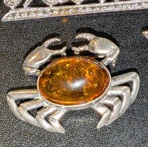 Sterling Silver and Baltic Amber Crab Brooch Pin